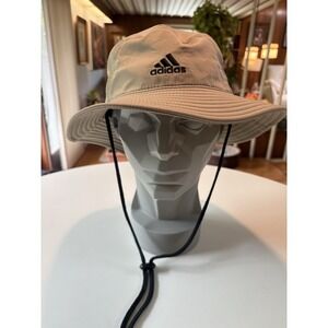 Adidas AEROREADY Beige Bucket Hat Wide Brim Outdoor Hiking‎ Chin Strap - Read